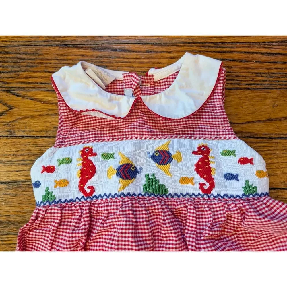 Vintage Silly Goose Hand Smocked Romper Jumpsuit Infant Girls 6M Red White